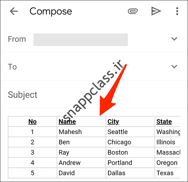 با برنامه موبایل Gmail یک جدول در ایمیل وارد کنید
