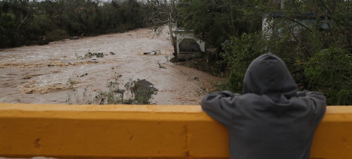پسربچه ای روی پلی بر روی رودخانه سنات در هیگ ایستاده است، یکی از استان های بدترین آسیب دیده زمانی که طوفان فیونا به جمهوری دومینیکن رسید.